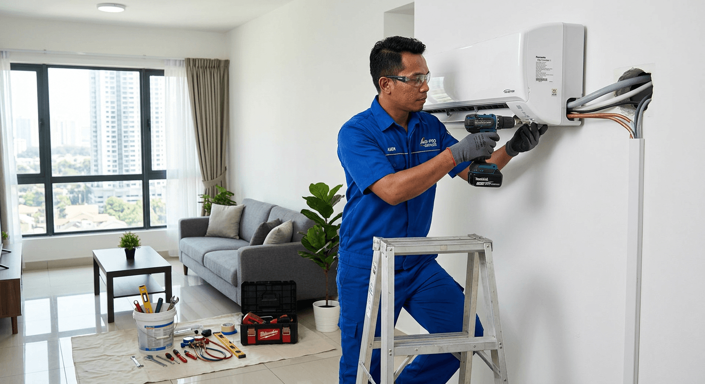 Technician memasang aircond Panasonic