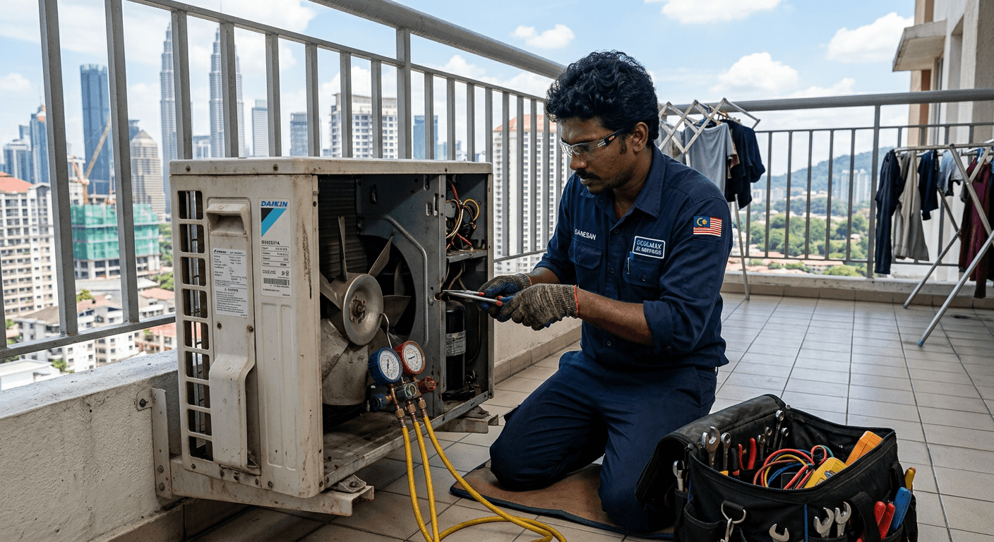 Technician Panasonic sedang servis aircond